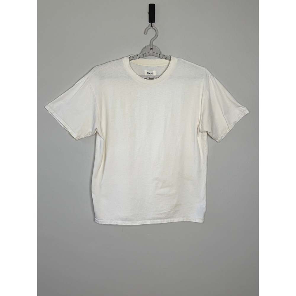 Elwood T-Shirt Men L Off White Streetwear Boxy Distressed Neck Organic Cotton